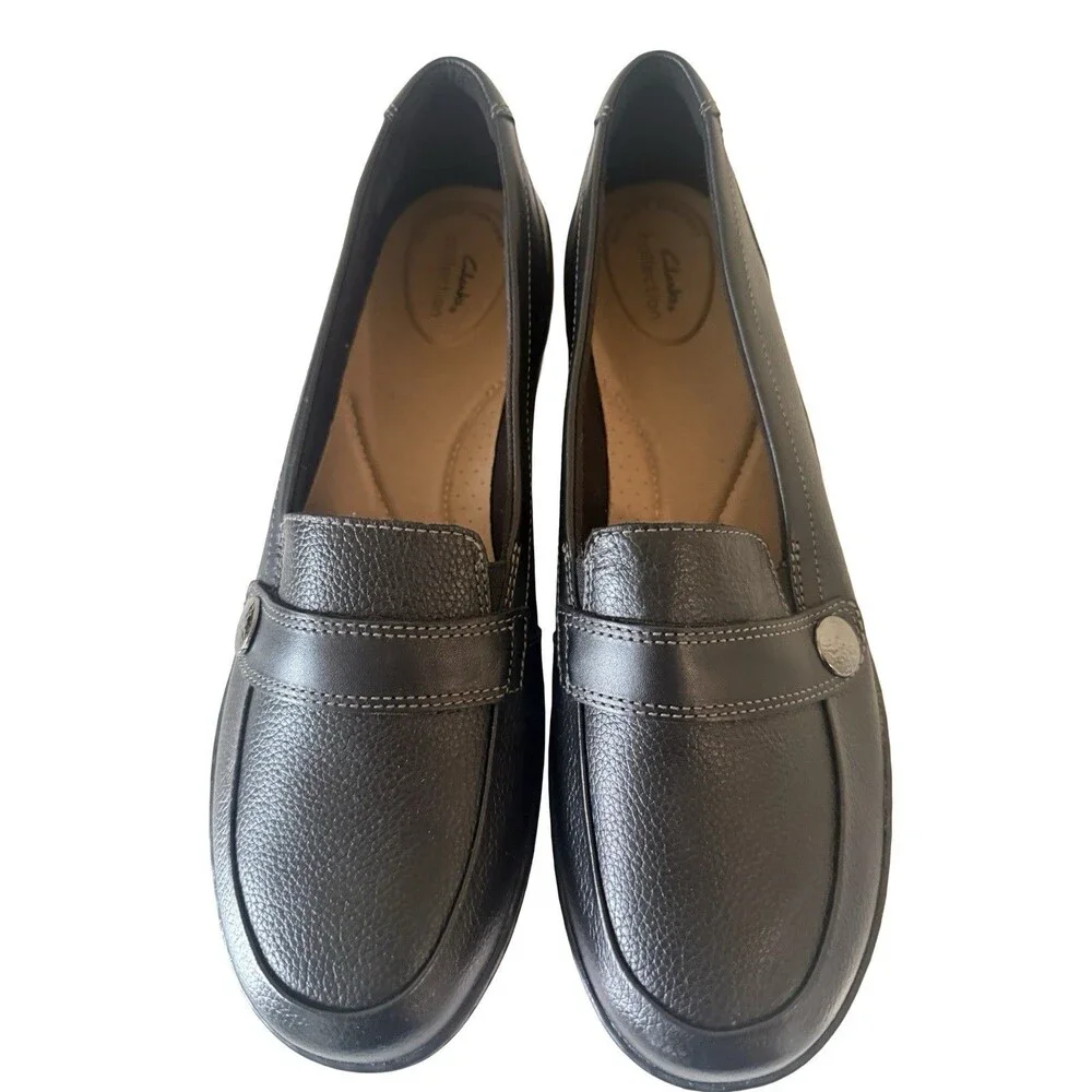 Clarks Womens Cora Daisy Loafers Black Leather Slip On Flat Shoes  SZ 12N NEW